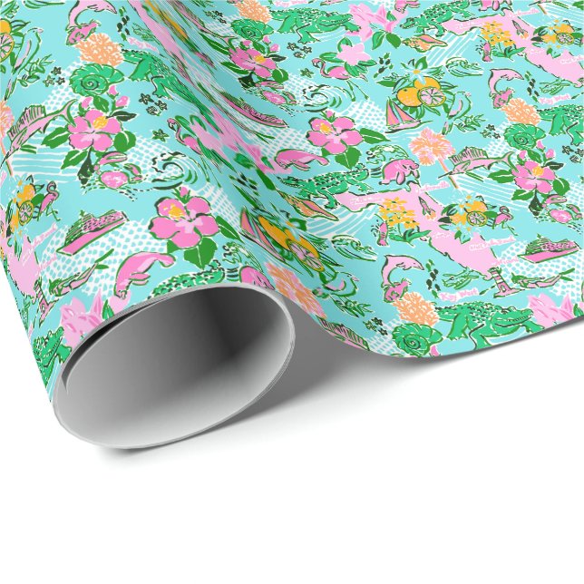 Florida Map Preppy Palm Beach Pattern Print Wrapping Paper (Roll Corner)
