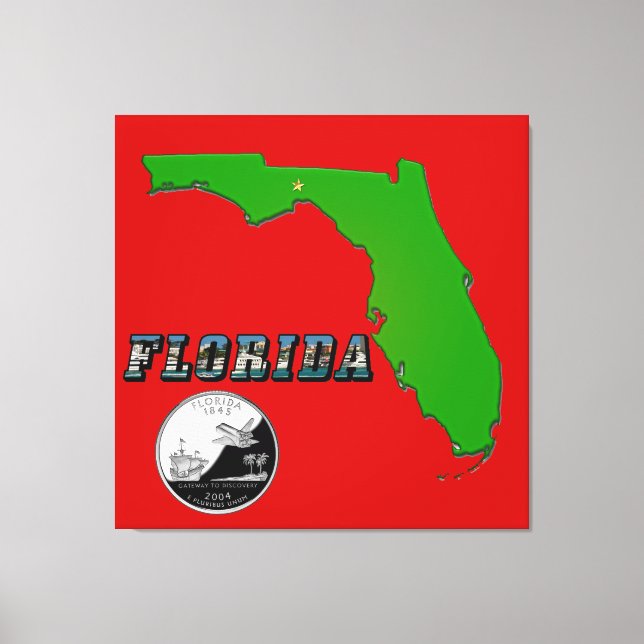 Florida Map, Text, State Faux Quarter Canvas Print (Front)