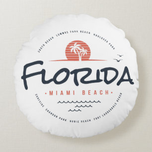Florida Miami Beach Retro Sunset Palm Tropical  Round Cushion