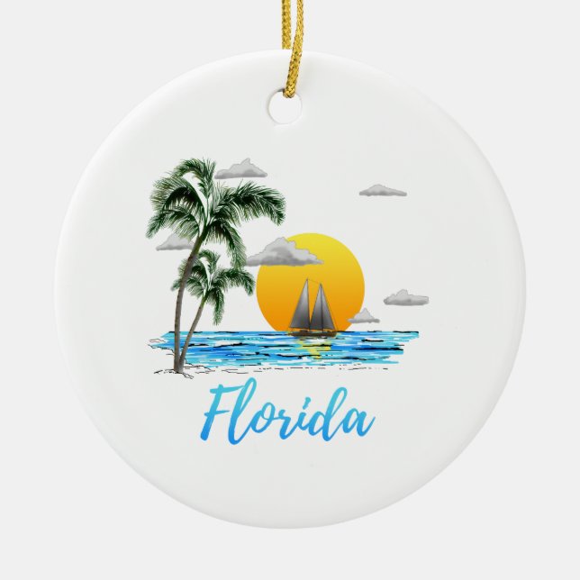 Florida Ocean Sunset Sailing Ceramic Ornament (Front)