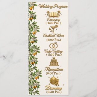 Florida Orange Blossom Gold Elegant Wedding Prog.  Program