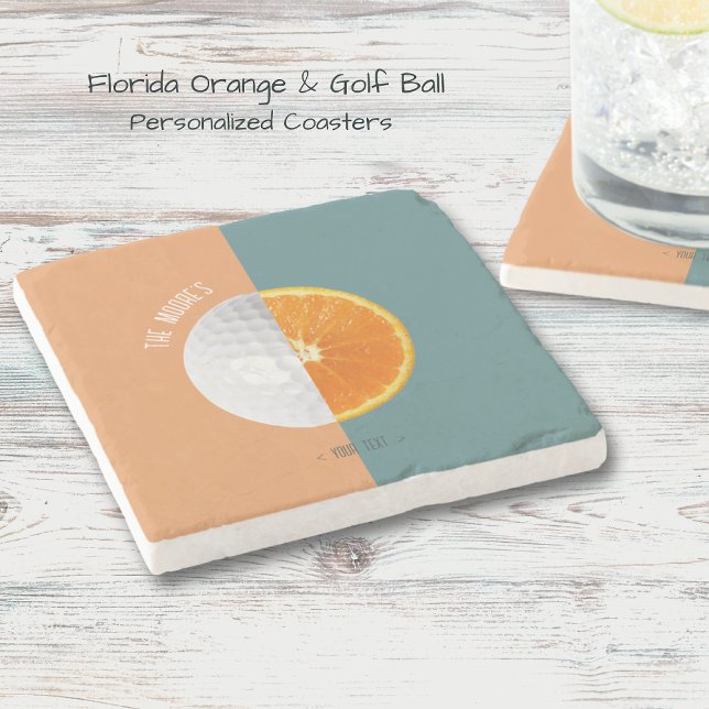 Florida Orange Golf Ball  Stone Coaster (Personalized Coasters. Half golf ball & Florida orange design with contrasting colored backround!)