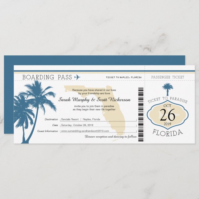 Florida Palm Tree Boarding Pass Wedding Invitation (Front/Back)