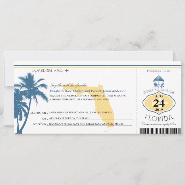 Florida Palm Tree Boarding Pass Wedding Invitation (Front)