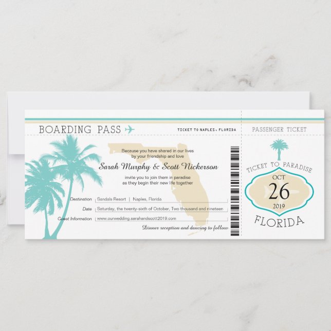 Florida Palm Tree Boarding Pass Wedding Invitation (Front)