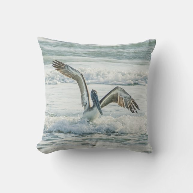 Florida Pelican Ocean Waves Outdoor Throw Pillow (Front)
