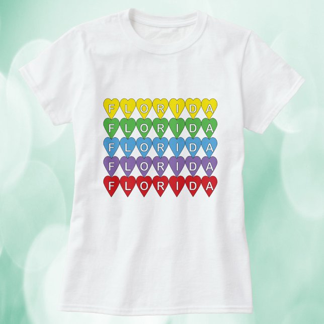 Florida Rainbow Hearts Pattern T-Shirt (A tshirt with colorful hearts that spell out Florida.)