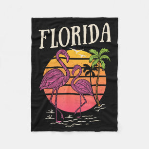 Florida Retro Beach Sunset Palm Tree Pink Flamingo Fleece Blanket