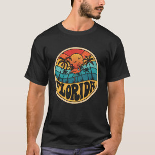 Florida Retro Beach Sunset Palm Tree Pink Flamingo T-Shirt