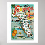 Florida Retro Postcard Map Poster<br><div class="desc">Vintage Florida! Such a great print of an old Florida souvenir postcard. We have several old postcard prints in the store that together make a great collection for home decor. This postcard highlights the old state of Florida attractions and cities and towns its famous for. It's colourful and charming adorned...</div>