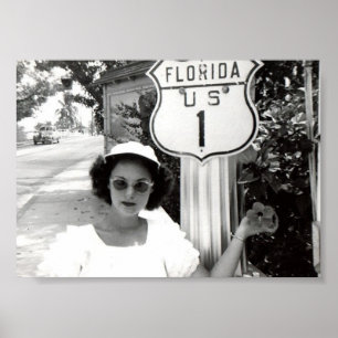 Florida, Route 1, Road Sign, Woman, Vintage Poster