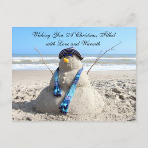 Florida Snowman /  SnowWoman ( Beach ) Christmas  Holiday Postcard
