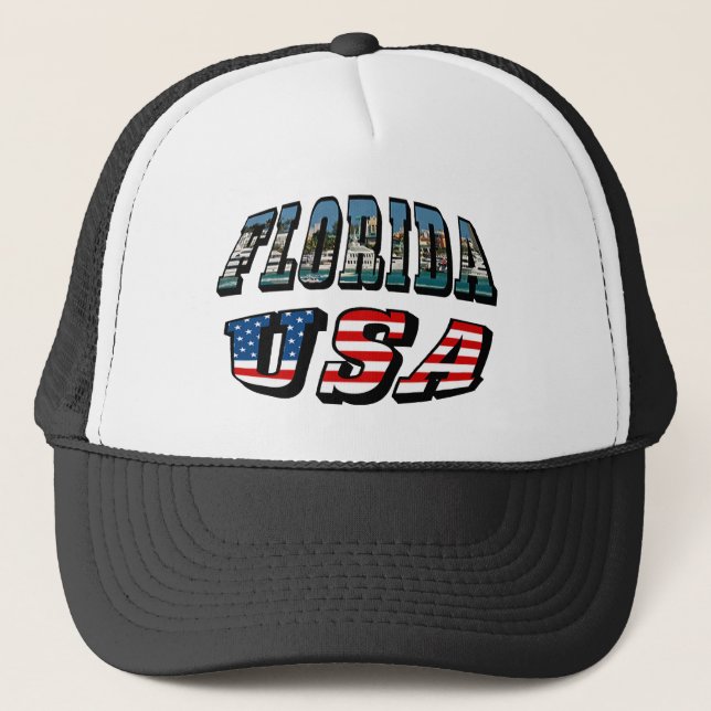 Florida State and USA Flag Text Trucker Hat (Front)