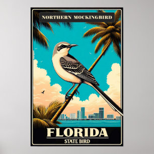 Florida State Bird - Northern Mockingbird Vintage Poster