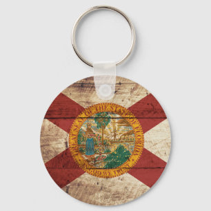 Florida State Flag on Old Wood Grain Key Ring