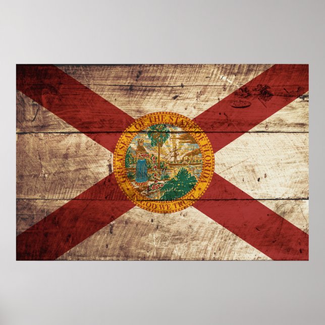Florida State Flag on Old Wood Grain Poster (Front)