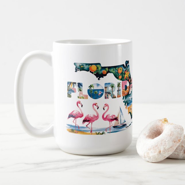 Florida State Map Tropical Pink Flamingos  Coffee Mug (With Donut)