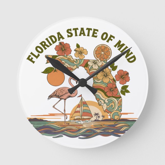 Florida State of Mind Retro Flamingo Sailboat Gift Round Clock (Front)