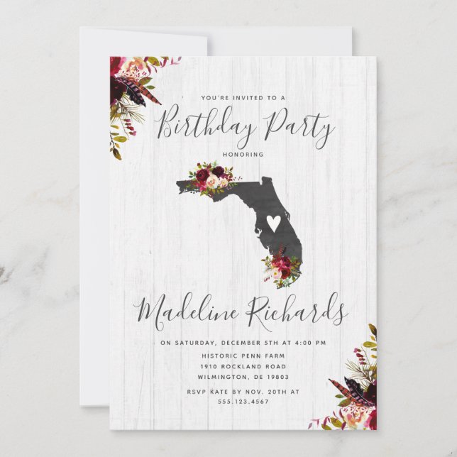 Florida State Rustic Birthday Party Invitation (Front)