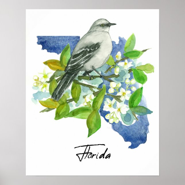 Florida State Shape Orange Blossom Mockingbird Poster (Front)