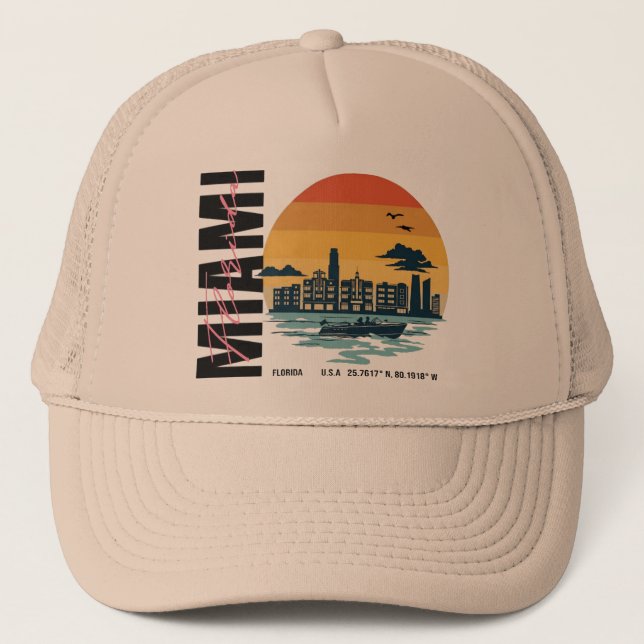 Florida Sunset Skyline Retro Miami Beach Trucker Hat (Front)