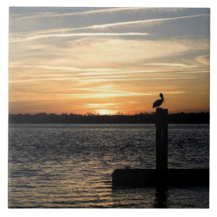 Florida Sunset with Pelican Ceramic Tile