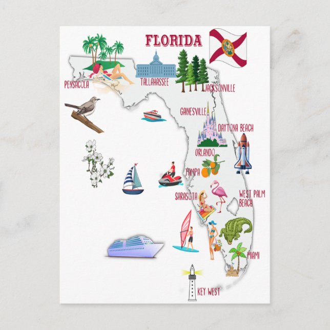 Florida tourist map with landmarks  postcard (Front)