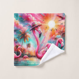 Florida Tropical Pink Flamingos Palm Trees Sun Wash Cloth
