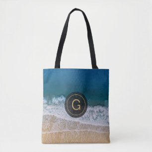 Florida Turquoise Blue Sea & Beach Custom Monogram Tote Bag