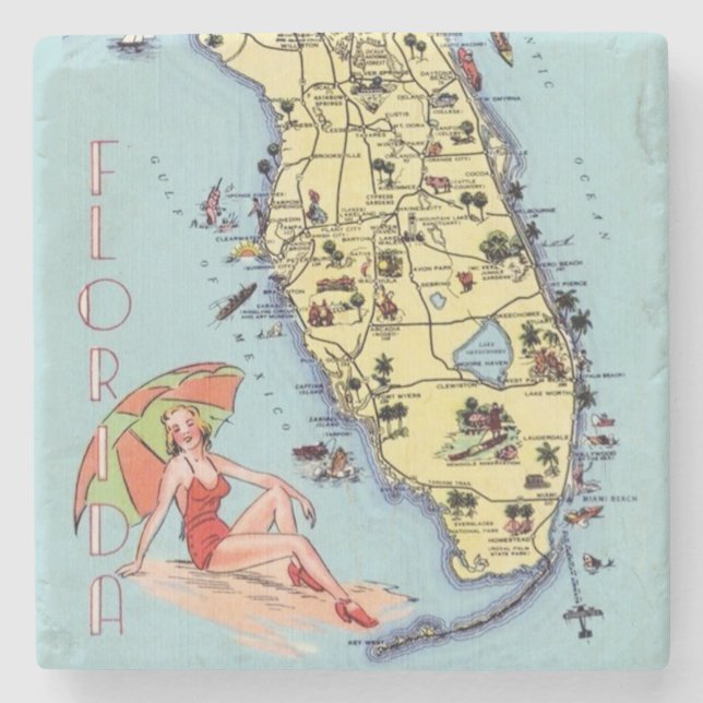 Florida vintage travel map kitsch stone coaster (Front)