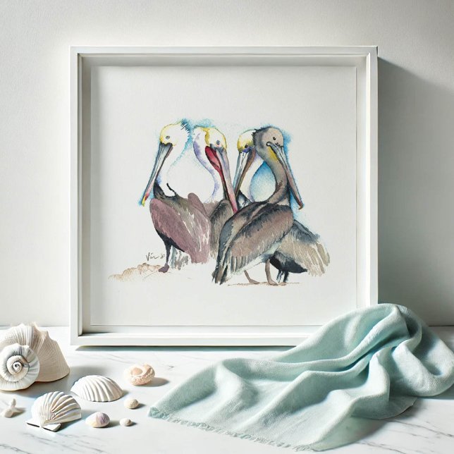 Florida Watercolors Pelican Art Poster (Beach art for living rooms watercolor pelicans by Victoria Grigaliunas of Do Tell A Belle)
