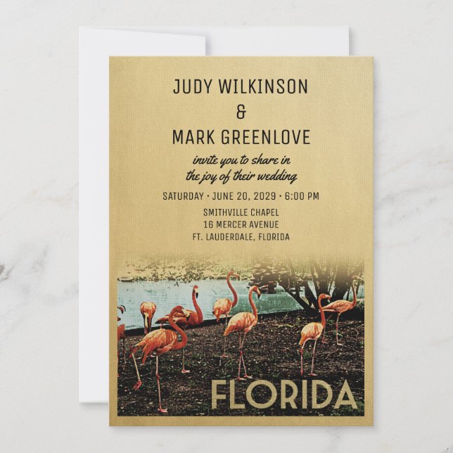 Florida Wedding Invitation Vintage Flamingos (Front)