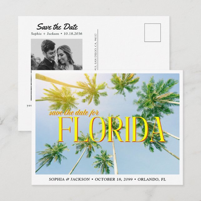 Florida Wedding Save the Date Palm Tree Retro Postcard (Front/Back)