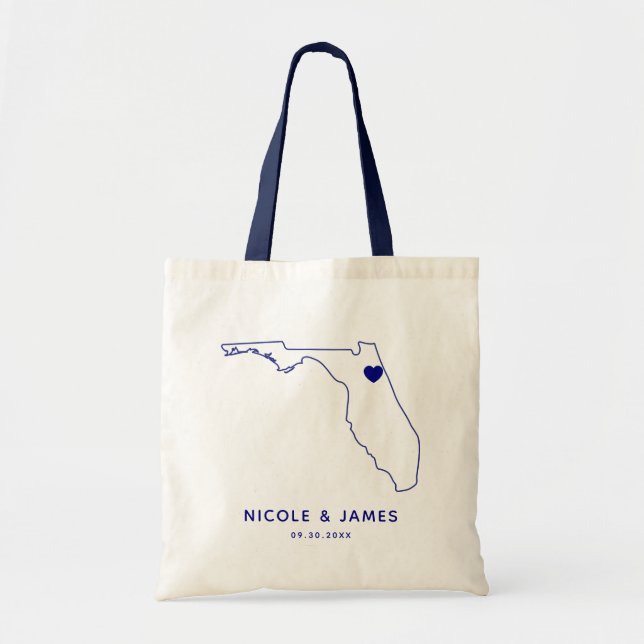 Florida Wedding Welcome Bag Tote Navy Blue Map (Front)