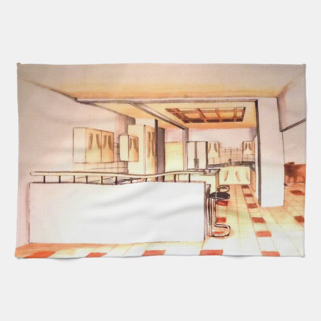 Floridian Modern Kitchen Rendered Perspective on A Tea Towel (Horizontal)