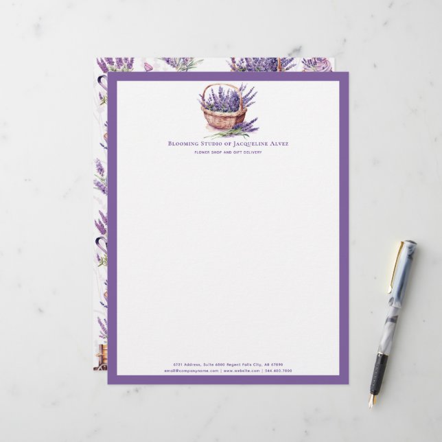 Florist Business Custom Lavender Watercolor  Letterhead (Front/Back In Situ)
