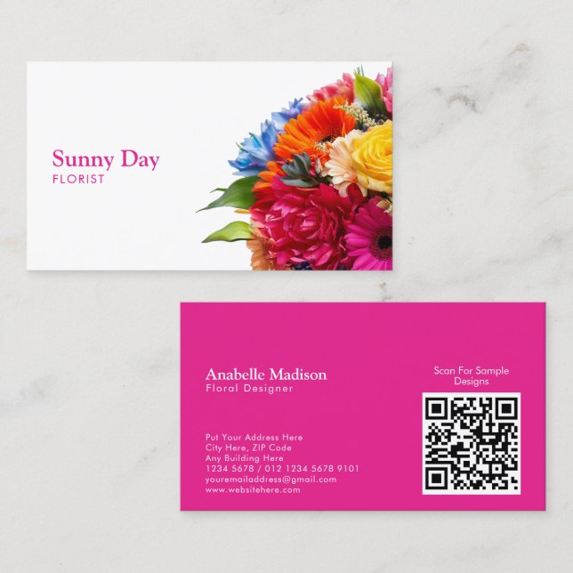 Florist Colourful Floral Bouquet with QR Code Business Card (Front/Back)