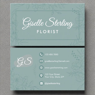 Florist Flowers Teal Floral Line Art Script Business Card