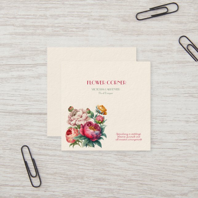Florist Shop Peonies Square Business Card (Front/Back In Situ)