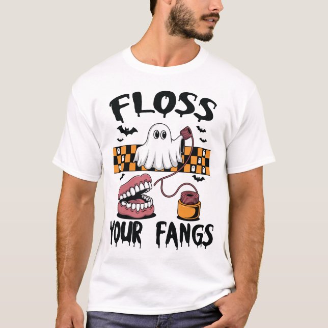 Floss Your Fangs Funny Ghost Dental Halloween T-Shirt (Front)