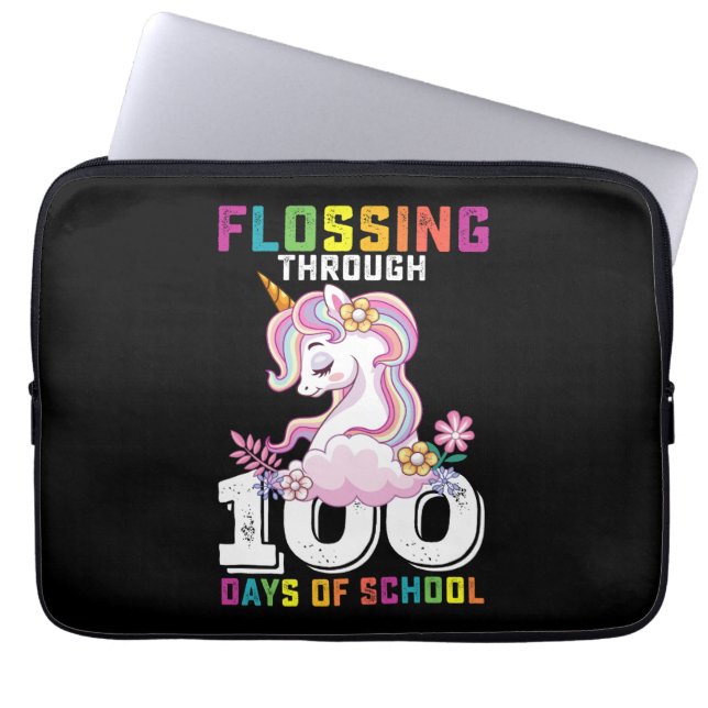 Flossing Through 100 Days of School Unicorn Laptop Sleeve (Front)