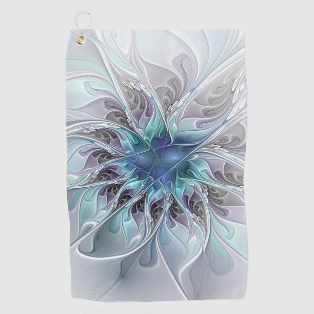Flourish, Abstract Modern Blue Flower Fractal Art Golf Towel (Front)