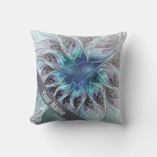 Flourish Abstract Modern Fractal Flower Blue Name Cushion