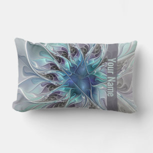 Flourish Abstract Modern Fractal Flower Blue Name Lumbar Cushion