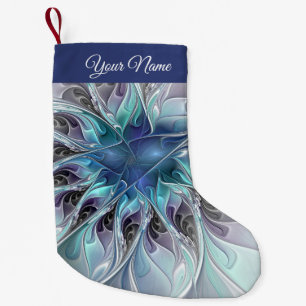 Flourish Abstract Modern Fractal Flower Blue Name Small Christmas Stocking