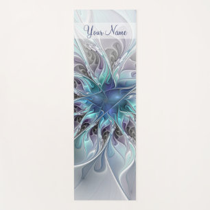 Flourish Abstract Modern Fractal Flower Blue Name Yoga Mat