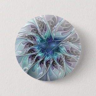 Flourish Abstract Modern Fractal Flower With Blue 6 Cm Round Badge