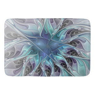 Flourish Abstract Modern Fractal Flower With Blue Bath Mat