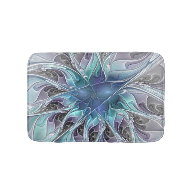 Flourish Abstract Modern Fractal Flower With Blue Bath Mat (Front)