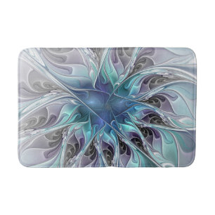 Flourish Abstract Modern Fractal Flower With Blue Bath Mat